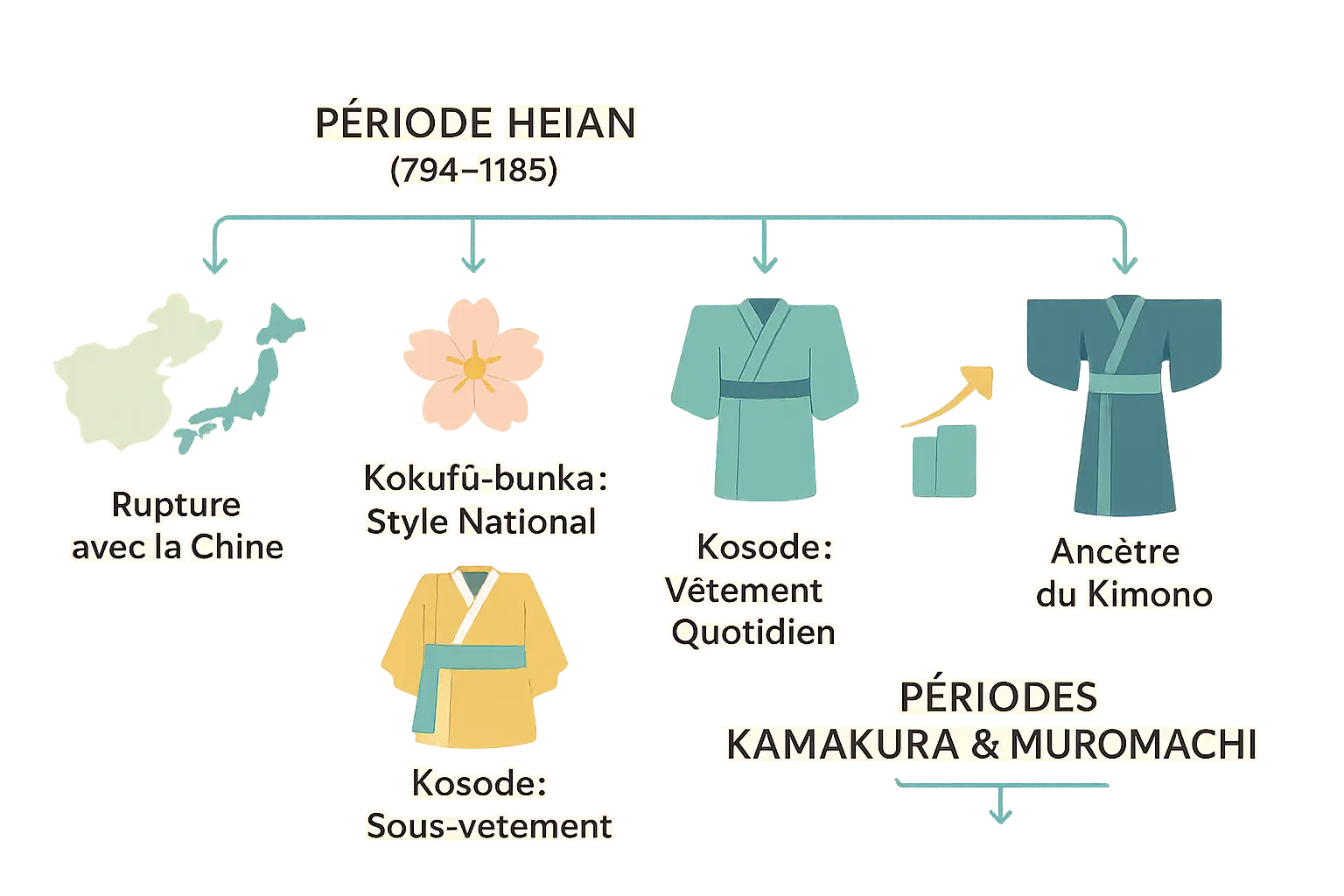 Évolution du kosode au kimono à travers les époques Heian à Muromachi