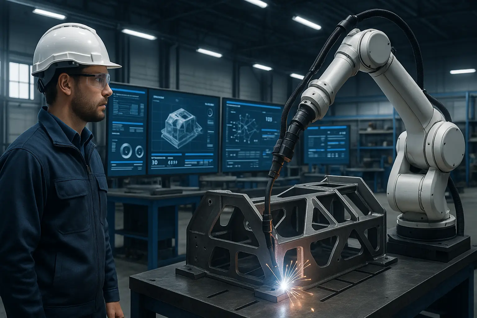 Illustration de la <strong>synergie homme-machine dans la fabrication industrielle</strong>