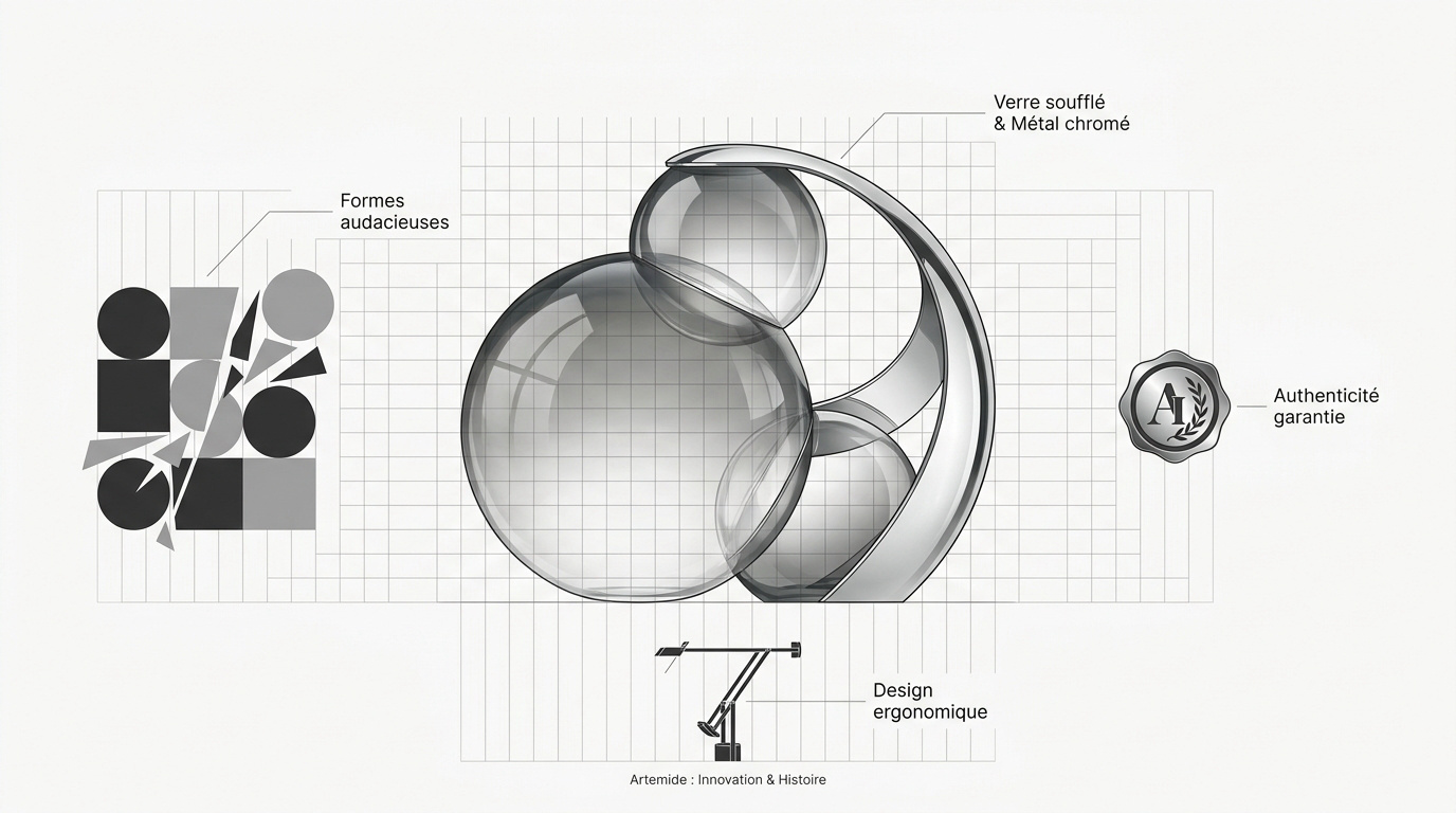 Lampe design italien en verre soufflé et métal chromé