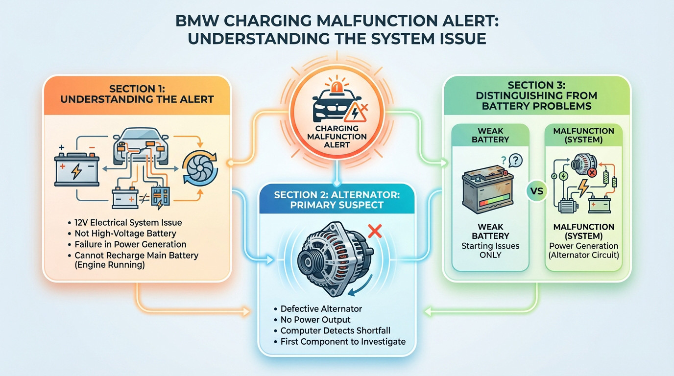 Dashboard view of a BMW displaying a charging malfunction alert, indicating a 12-volt system issue