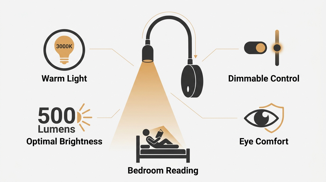 Technical features of a bedroom wall reading lamp including 3000K color temperature and flexible arm design.