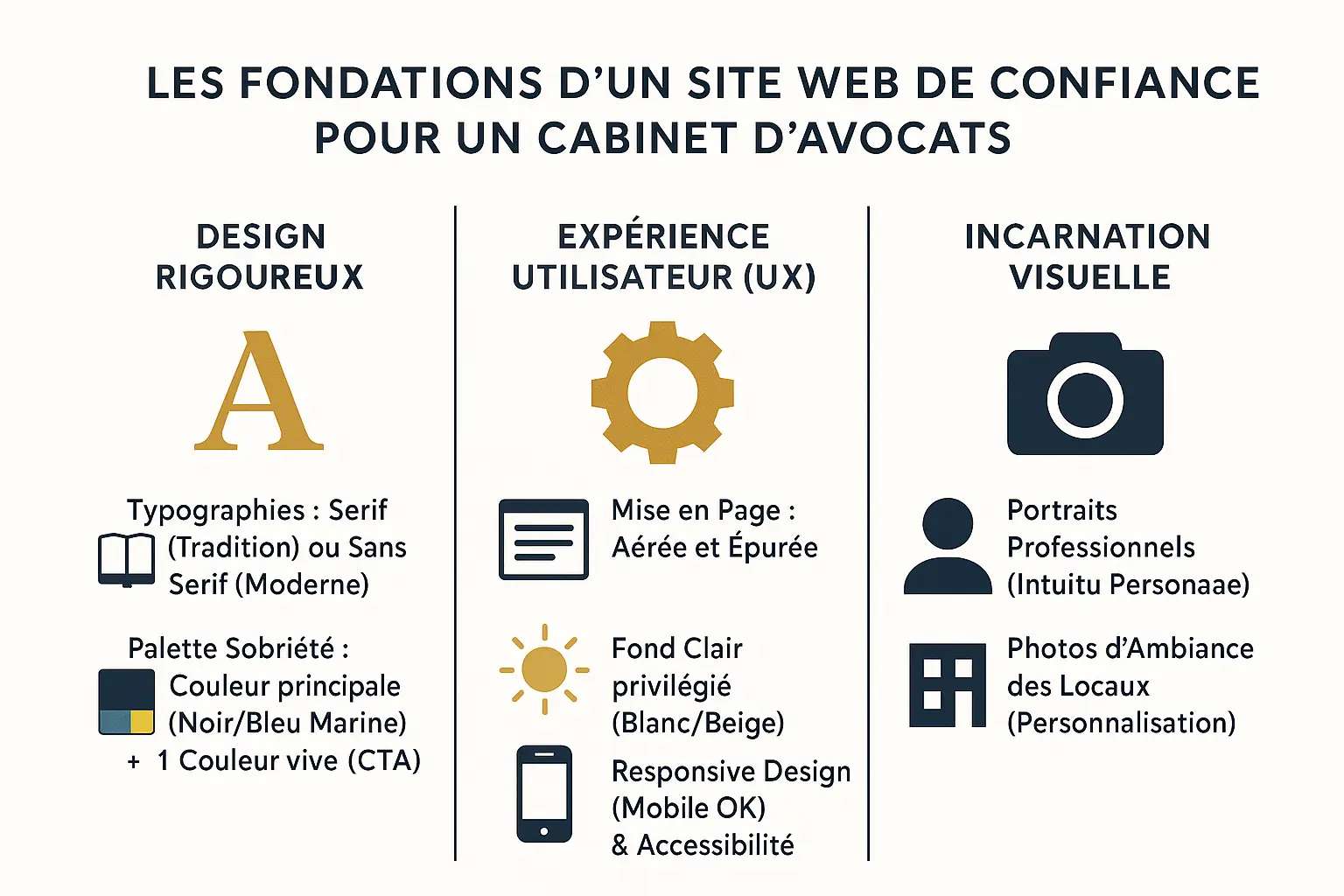 Illustration d'un design épuré pour un site d'avocat avec typographie sobre et photos professionnelles