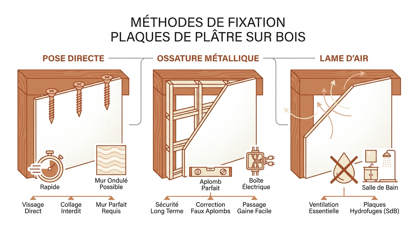 Installation de plaques de plâtre sur une structure en bois ancienne