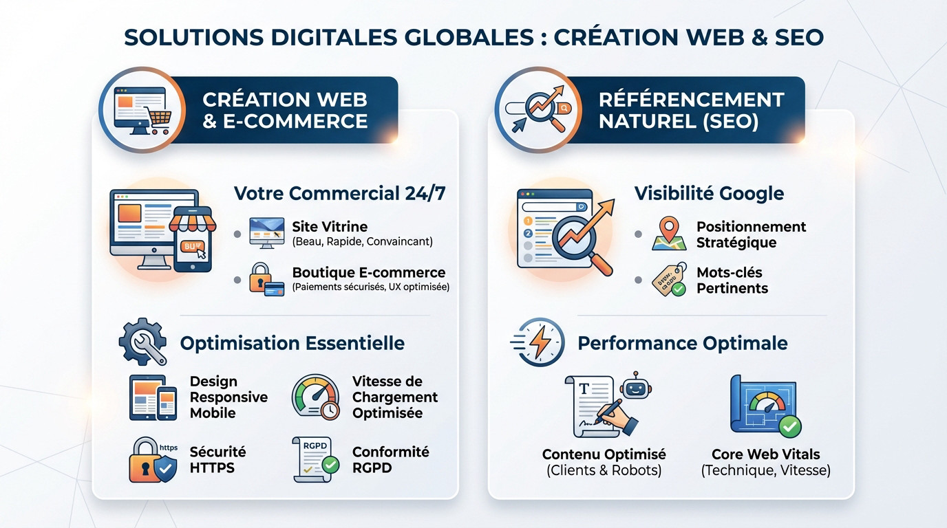 Infographie illustrant les solutions digitales globales incluant la création web et le SEO