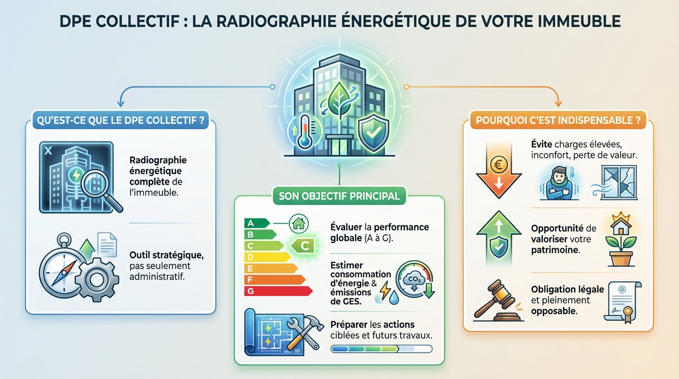 Illustration du DPE collectif montrant la radiographie énergétique d'un immeuble d'habitation