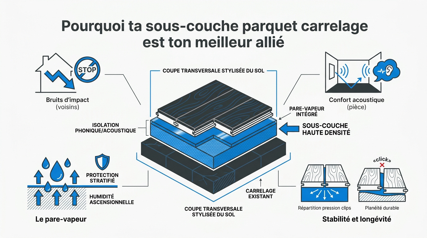 Pose d'une sous-couche technique sur un sol en carrelage avant l'installation d'un parquet stratifié
