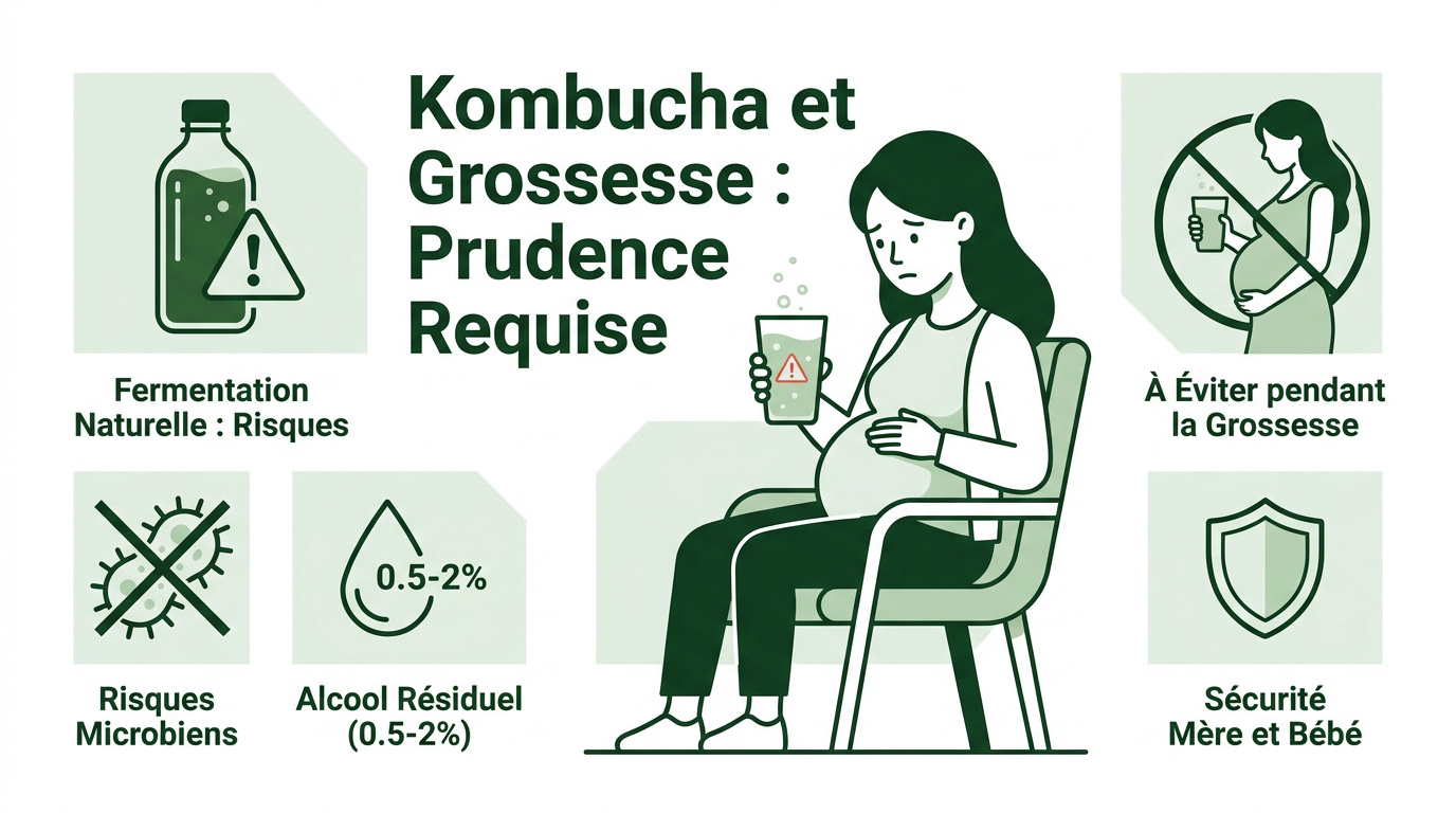 Bouteille de kombucha artisanal et verre à côté d'un ventre de femme enceinte évoquant la prudence