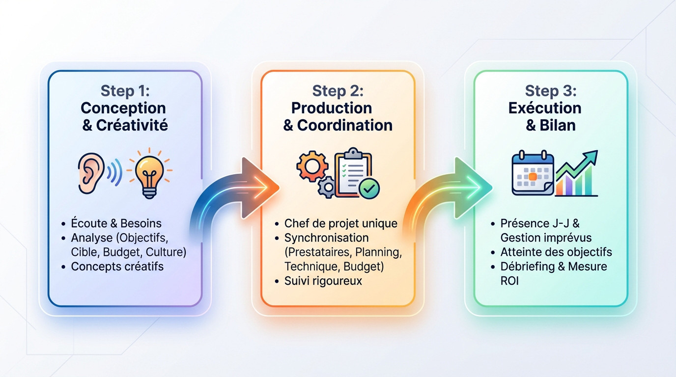 Schéma des 3 étapes clés du processus de gestion d'un événement d'entreprise