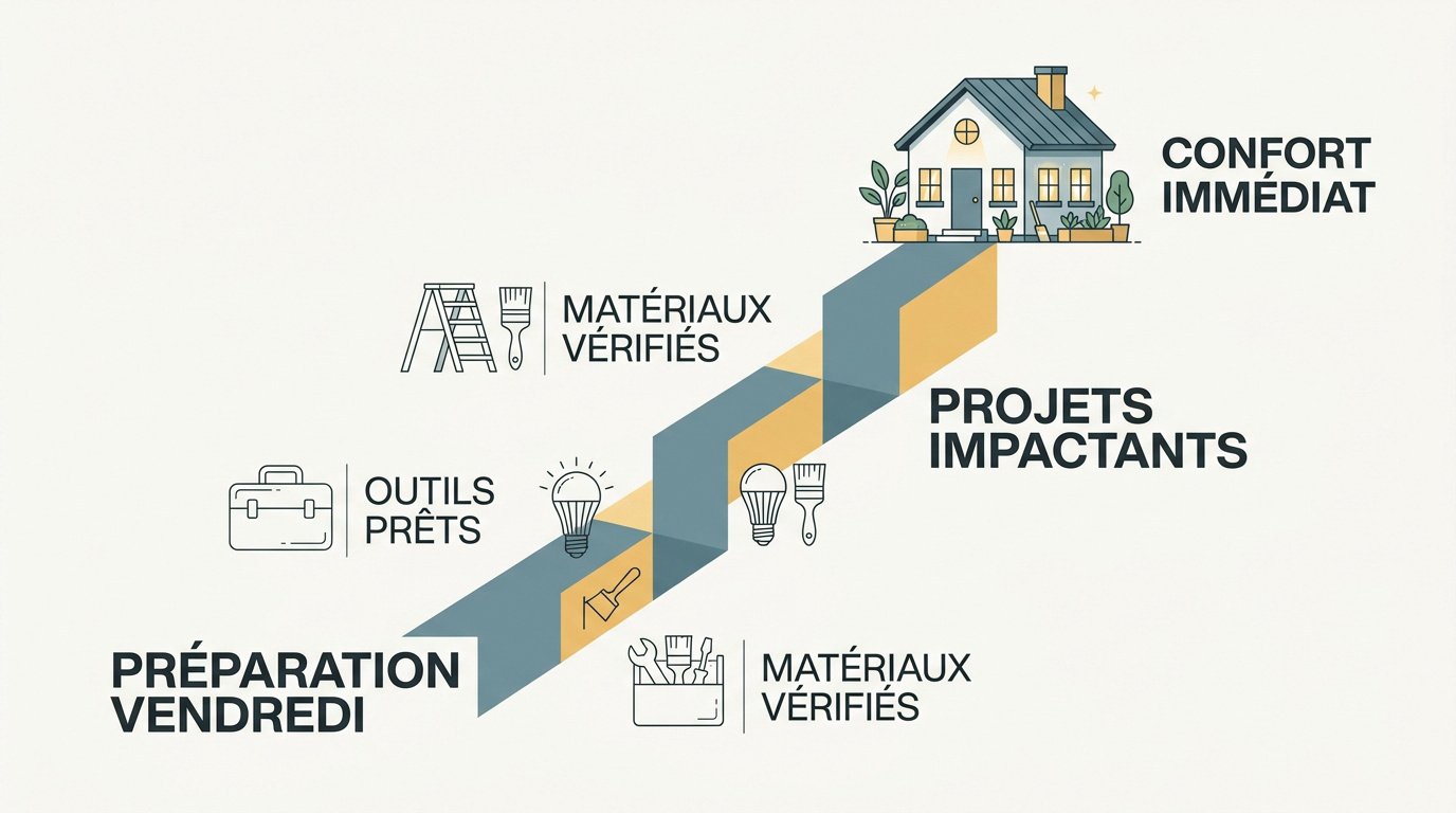 Infographie présentant les étapes clés pour réussir ses petits travaux de rénovation et décoration à la maison durant le week-end.