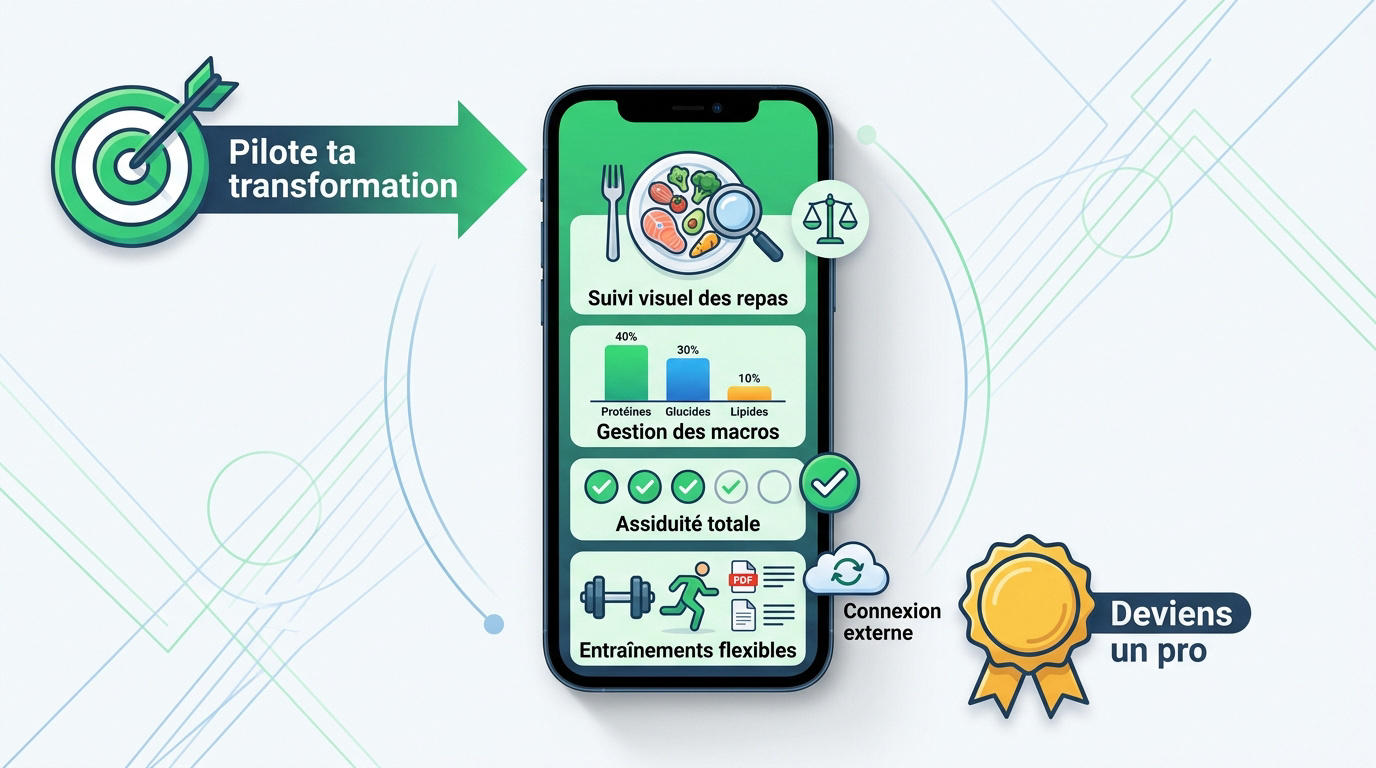 Application mobile affichant des graphiques de progression fitness et un journal alimentaire