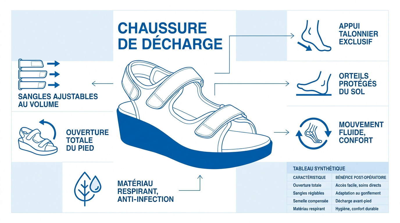 Chaussure de décharge post-opératoire avec semelle à appui talonnier et sangles réglables