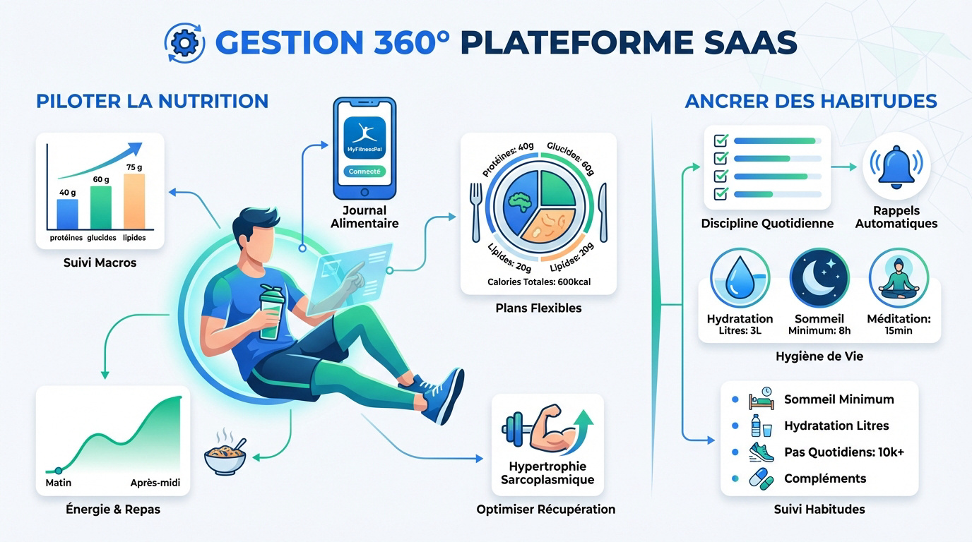 Interface de gestion nutritionnelle et suivi des habitudes sur plateforme SaaS de sport