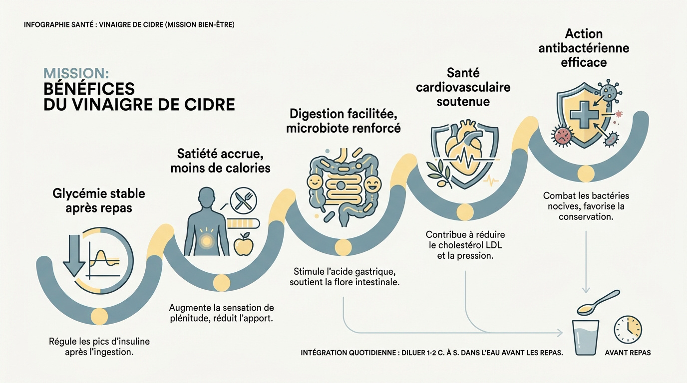 Bouteille de vinaigre de cidre bio avec des pommes fraîches illustrant ses vertus santé