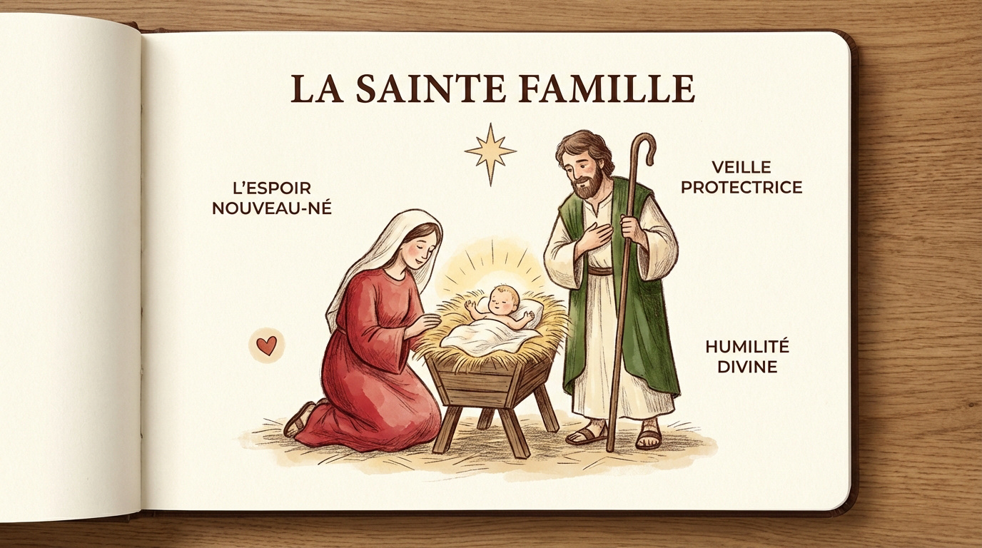 Figurines de la sainte famille dans une crèche de Noël traditionnelle