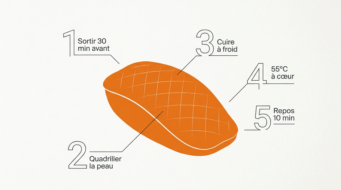Étapes clés pour le quadrillage et la cuisson du filet de canard