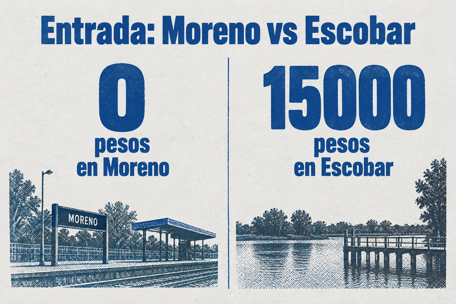 Infografía comparativa de la entrada: gratis en Moreno frente a 15.000 pesos en la Fiesta Nacional de la Flor de Escobar.