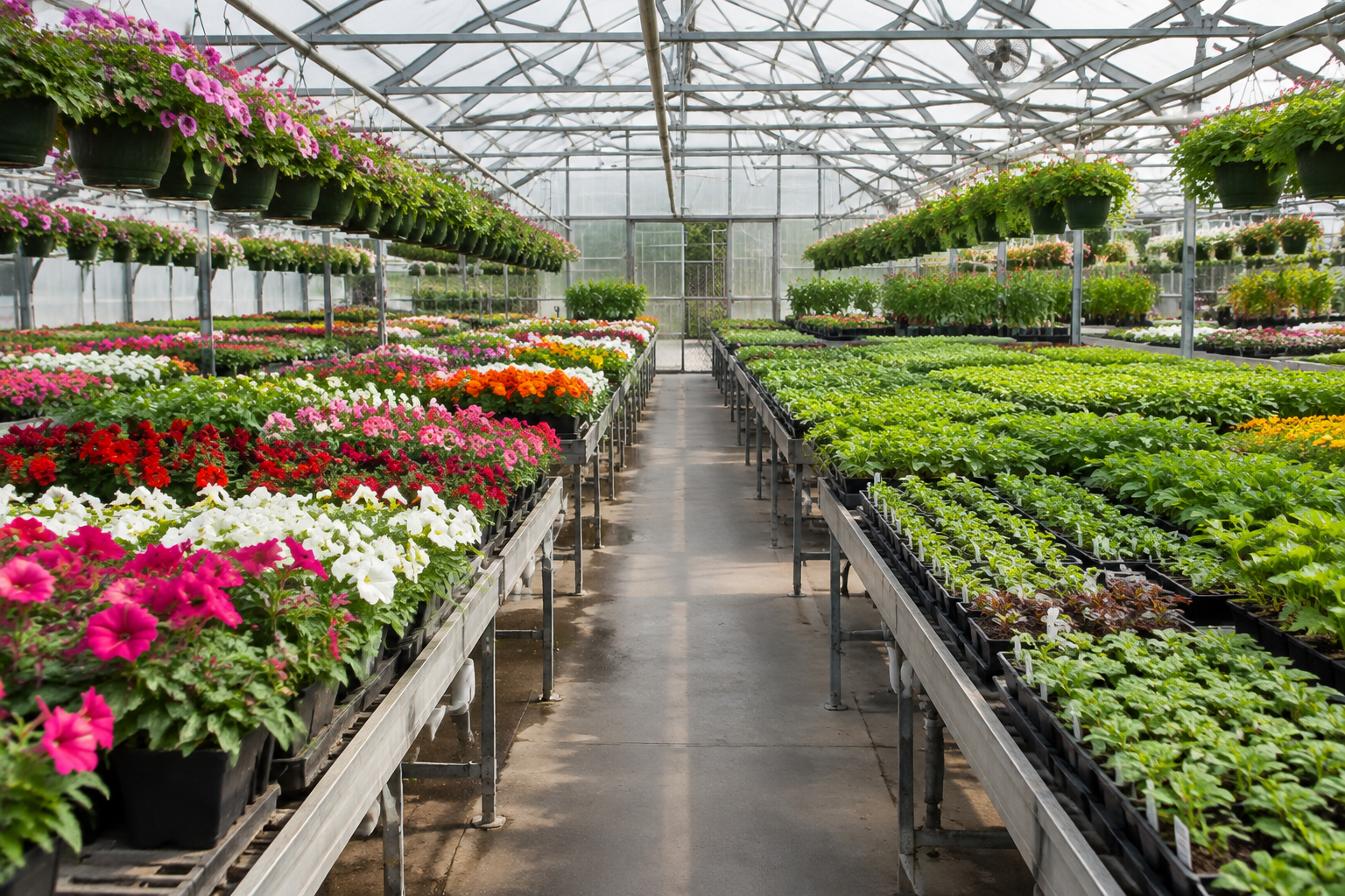 Invernadero con filas de plantas y plantines florales