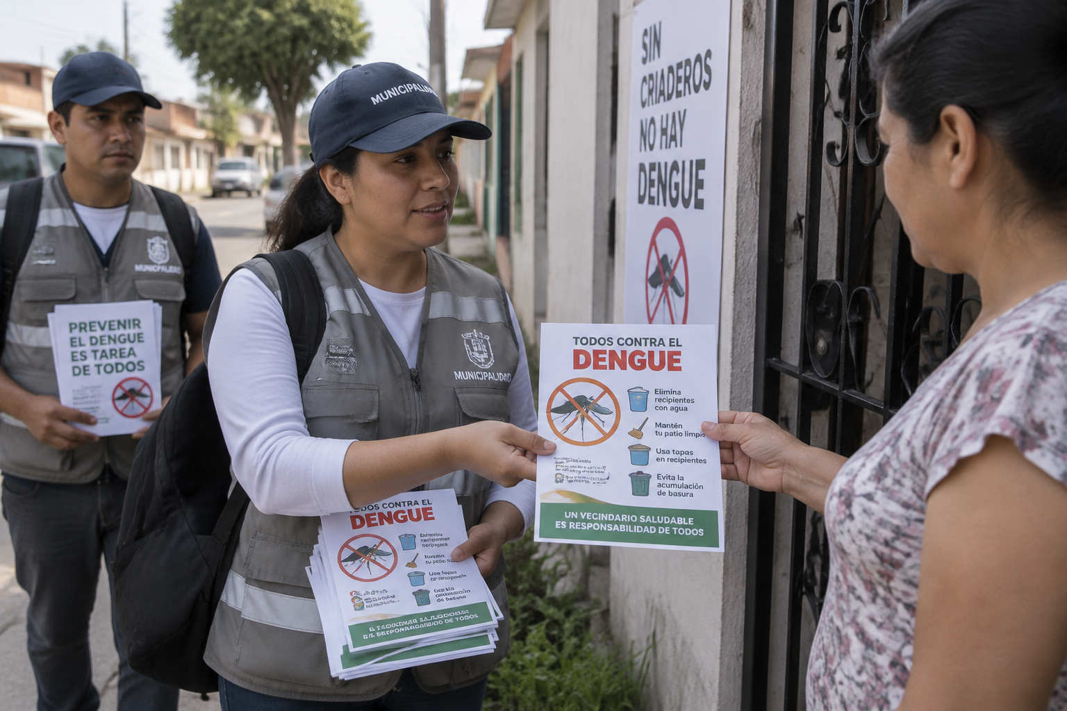 Trabajadores municipales reparten folletos de prevención del dengue en un barrio