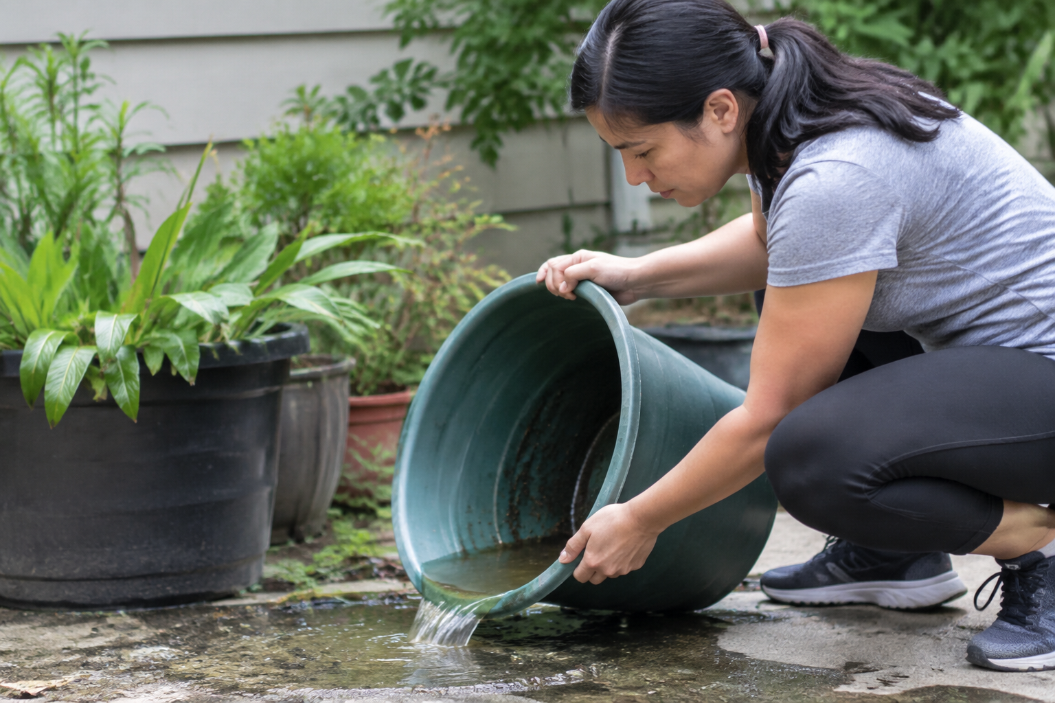 Una persona voltea un recipiente para eliminar agua estancada