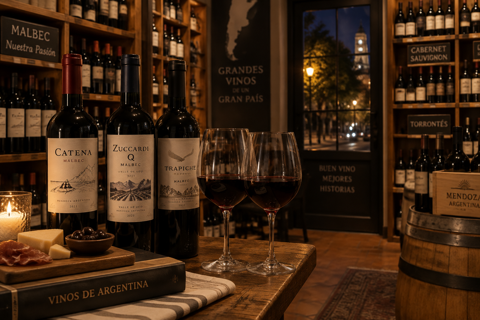 Botellas y copas de vino argentino en una vinoteca durante la Noche de las Vinotecas