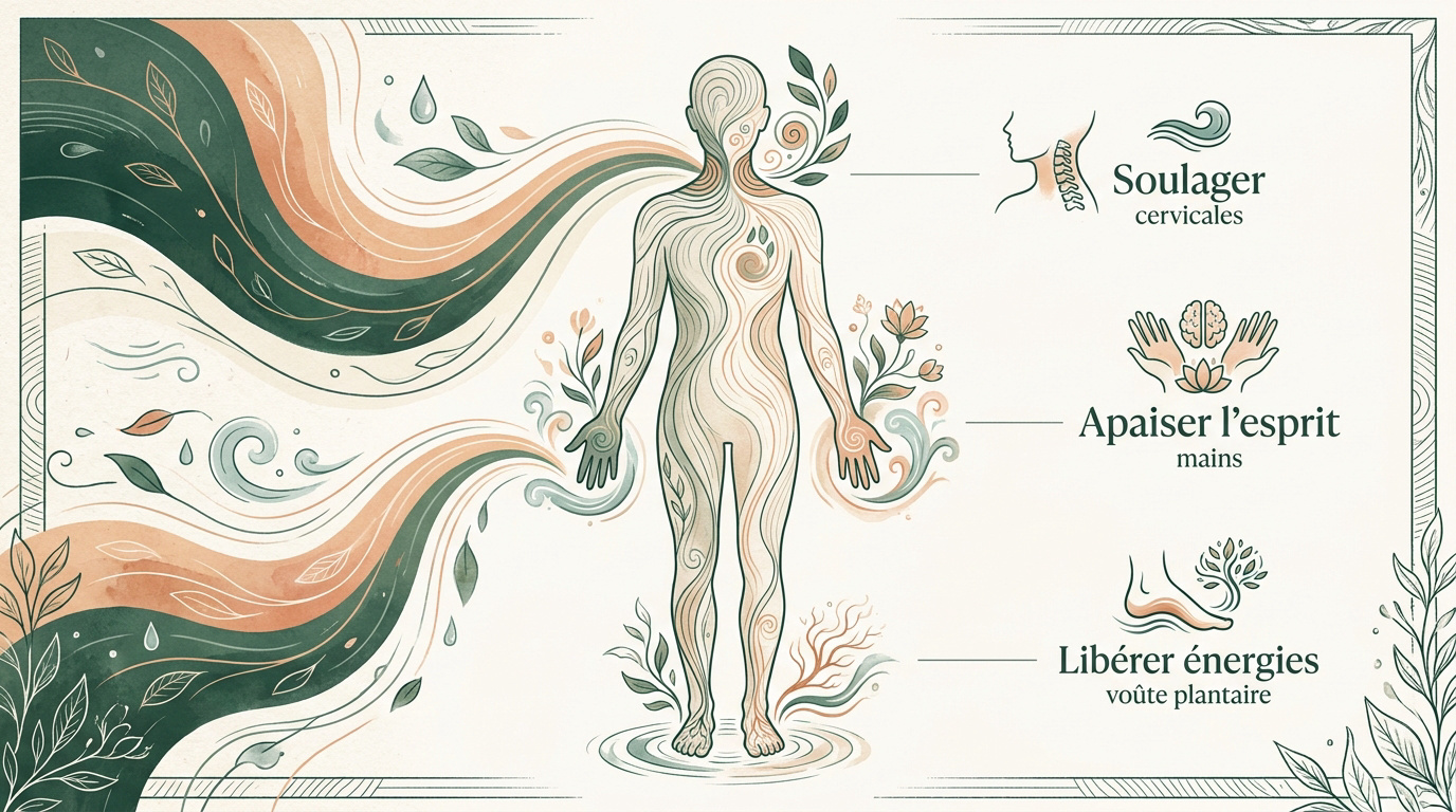 Infographie présentant les points stratégiques d'acupression pour la relaxation et la détente du corps