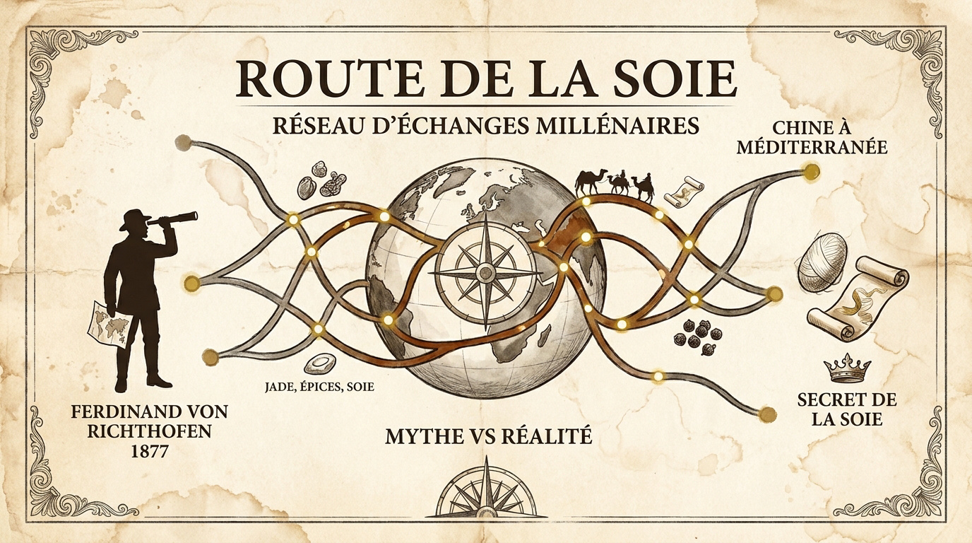 Carte historique illustrant les différents tracés de la route de la soie entre l'Asie et l'Europe