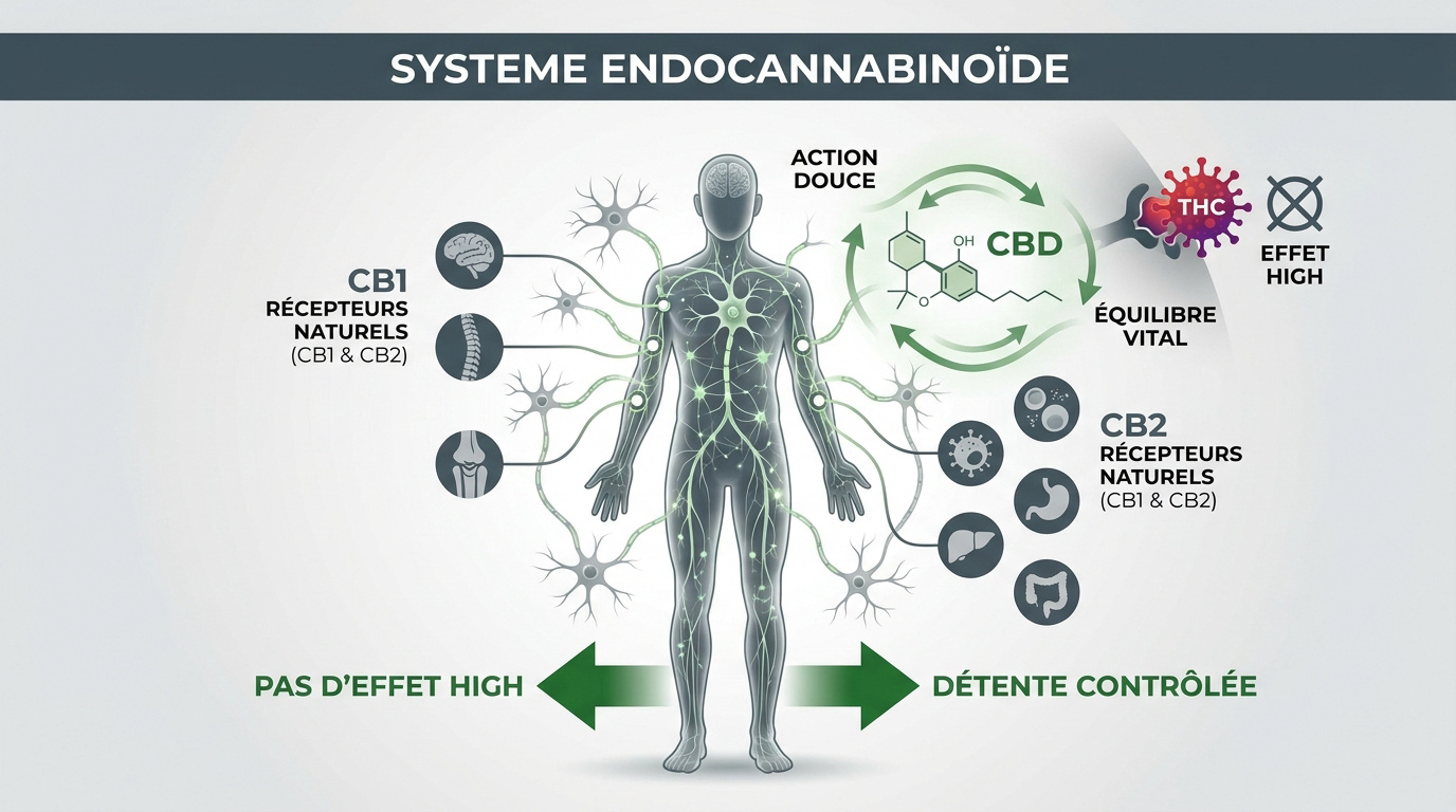 Schéma explicatif de l'interaction du CBD avec les récepteurs CB1 et CB2 du système endocannabinoïde