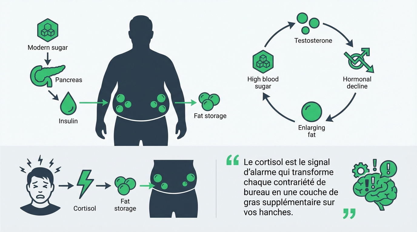 Schéma expliquant l'impact de l'insuline et du cortisol sur le stockage des graisses chez l'homme