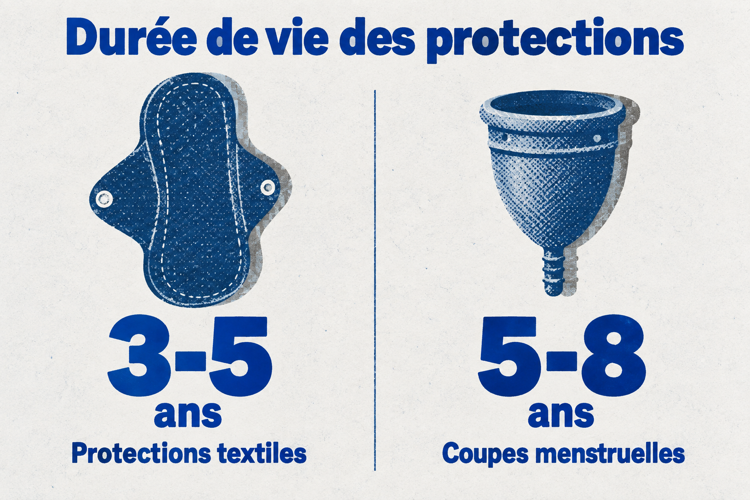 Les protections textiles durent 3 à 5 ans, les coupes menstruelles 5 à 8 ans.