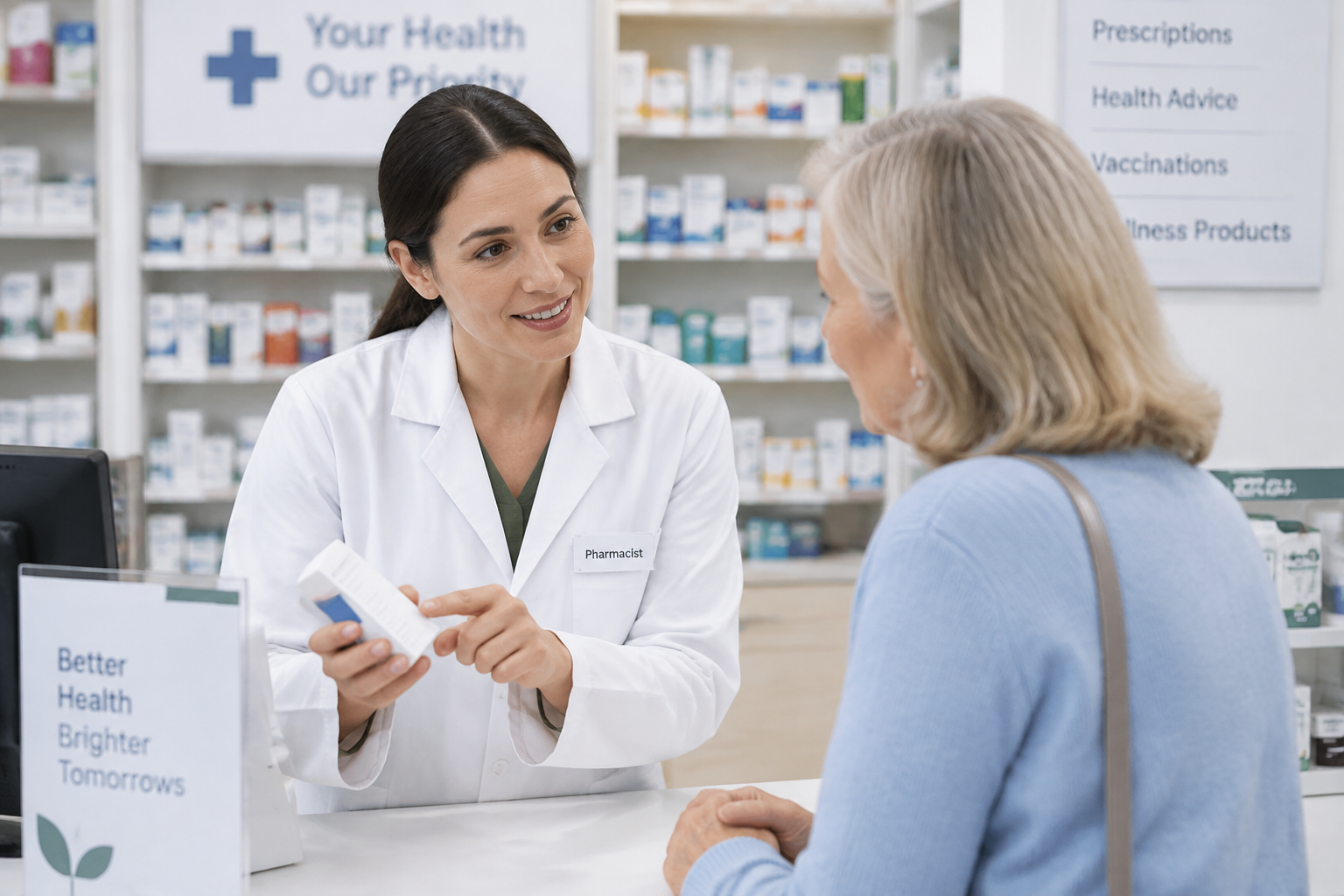 Un pharmacien conseille une patiente au comptoir de son officine.