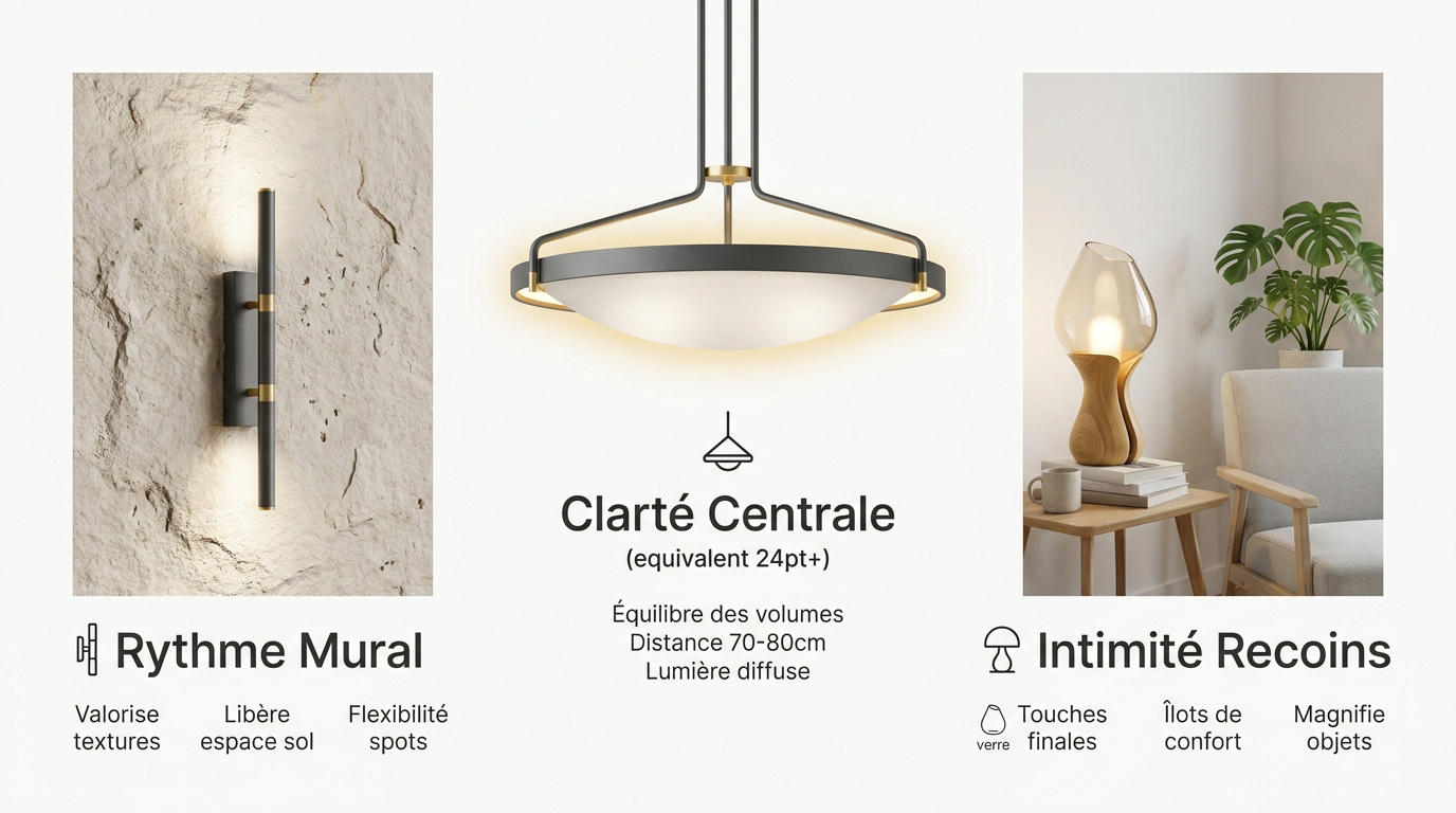 Infographie expliquant comment structurer les volumes intérieurs avec différentes sources lumineuses