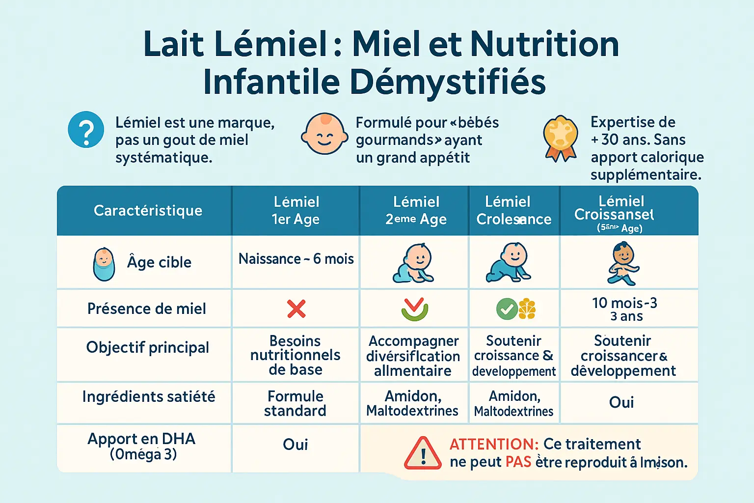 Illustration d'un biberon avec lait Lémiel et miel, entouré de fruits naturels