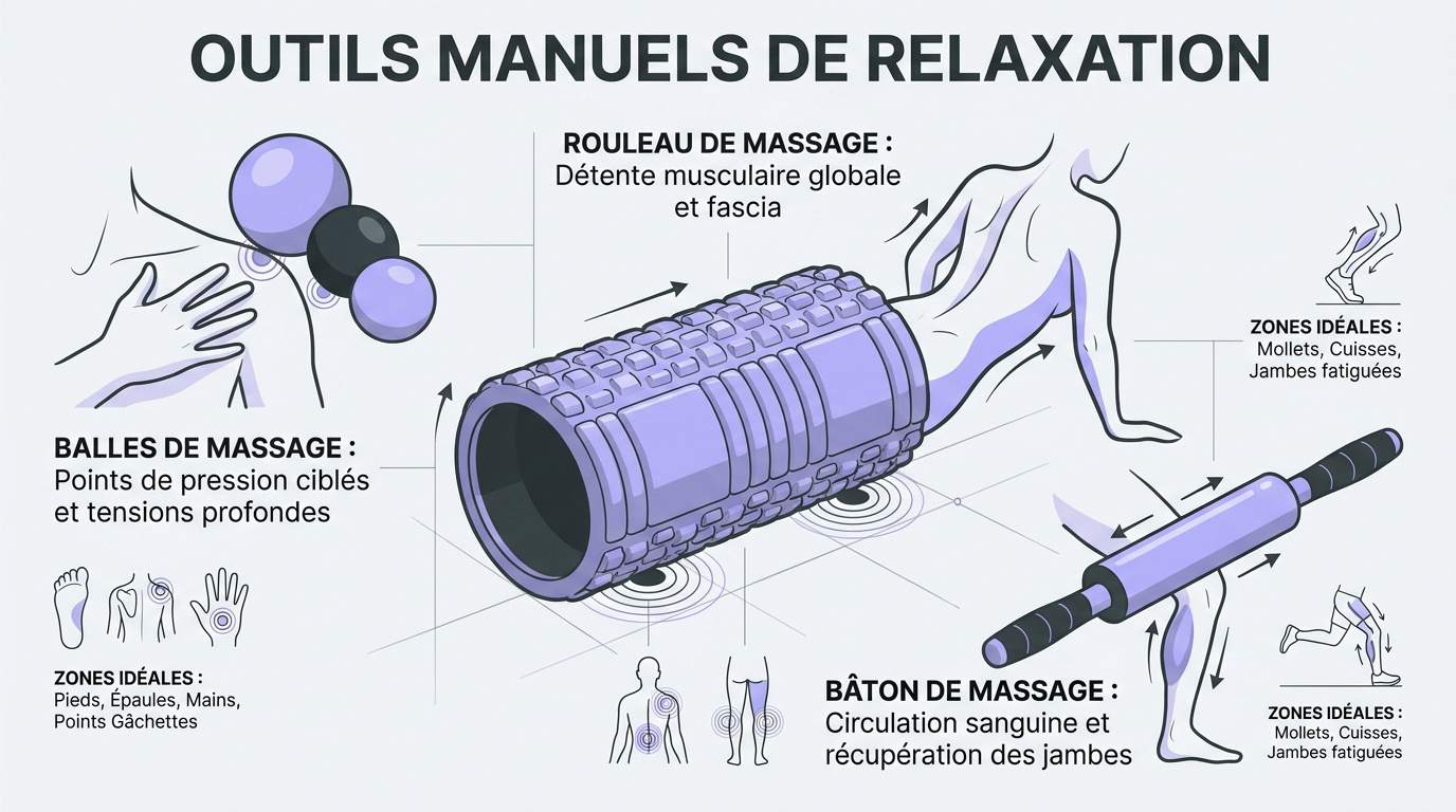 Sélection d'outils de massage manuels incluant un rouleau en mousse, des balles de pression et un bâton de massage