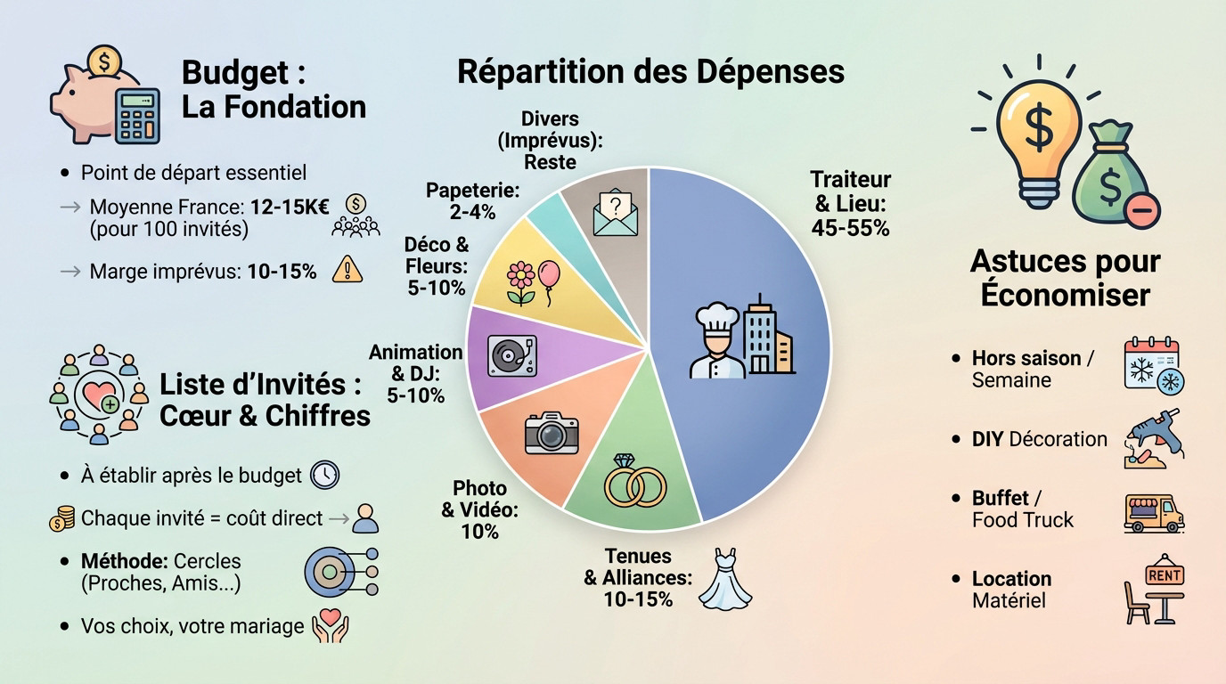 Infographie détaillant la répartition du budget et la gestion de la liste d'invités pour une organisation de mariage réussie