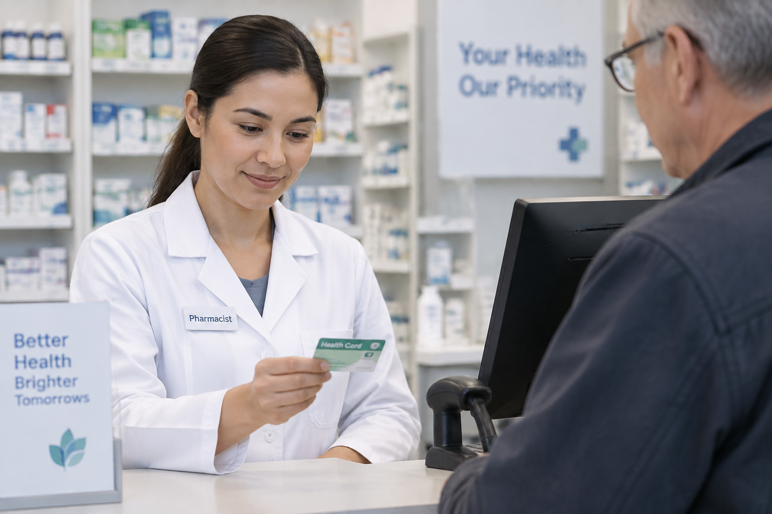 Un pharmacien vérifiant la carte Vitale d'une cliente au comptoir.