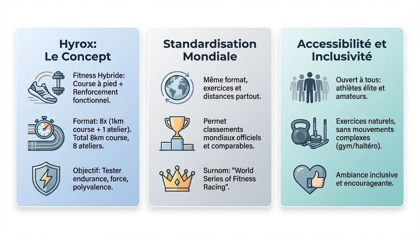 Athlètes participant à une compétition Hyrox, illustrant le mélange de course et d'exercices fonctionnels