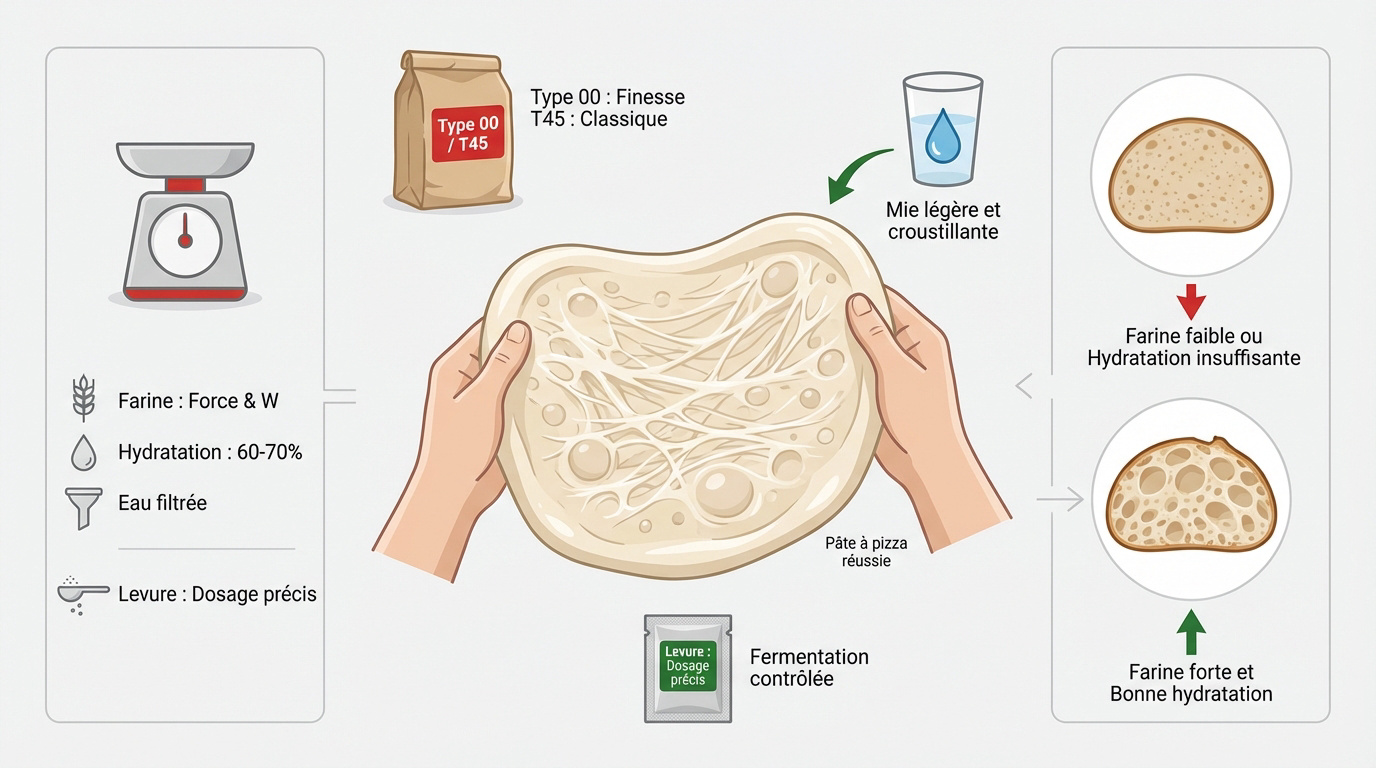 Pâte à pizza artisanale en cours de pétrissage sur un plan de travail fariné