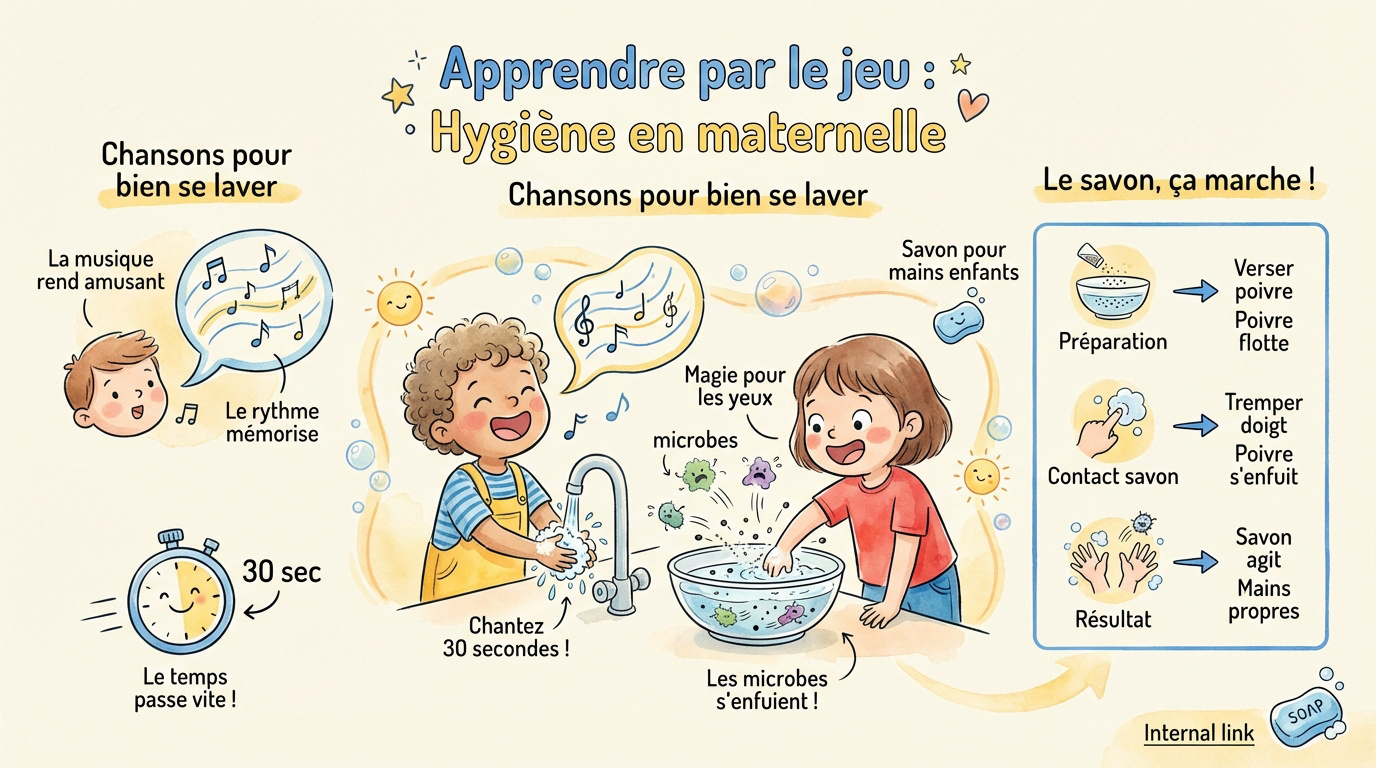 Enfants en maternelle apprenant le lavage des mains avec du savon de manière ludique
