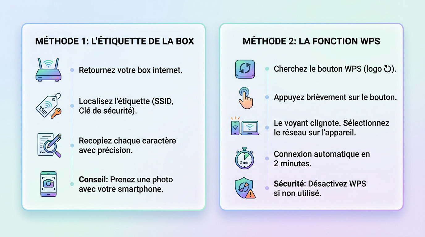 Étiquette au dos d'une box internet affichant le code wifi et bouton WPS