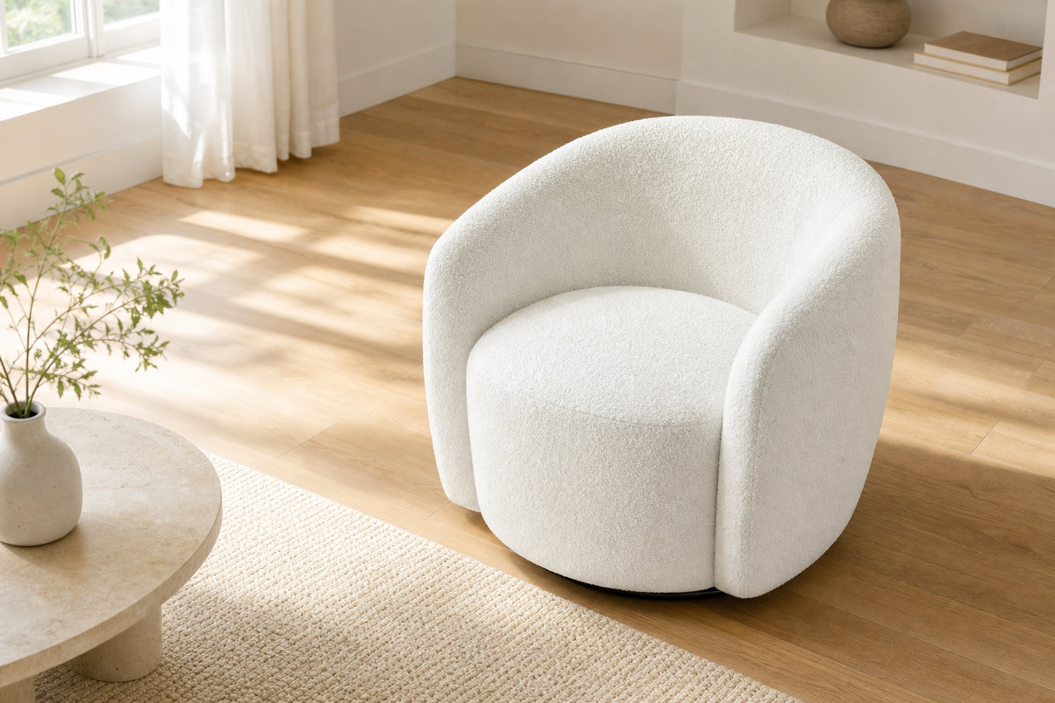 Fauteuil Arrondi Pivotant En Tissu Bouclette Blanc - VEREIDE
