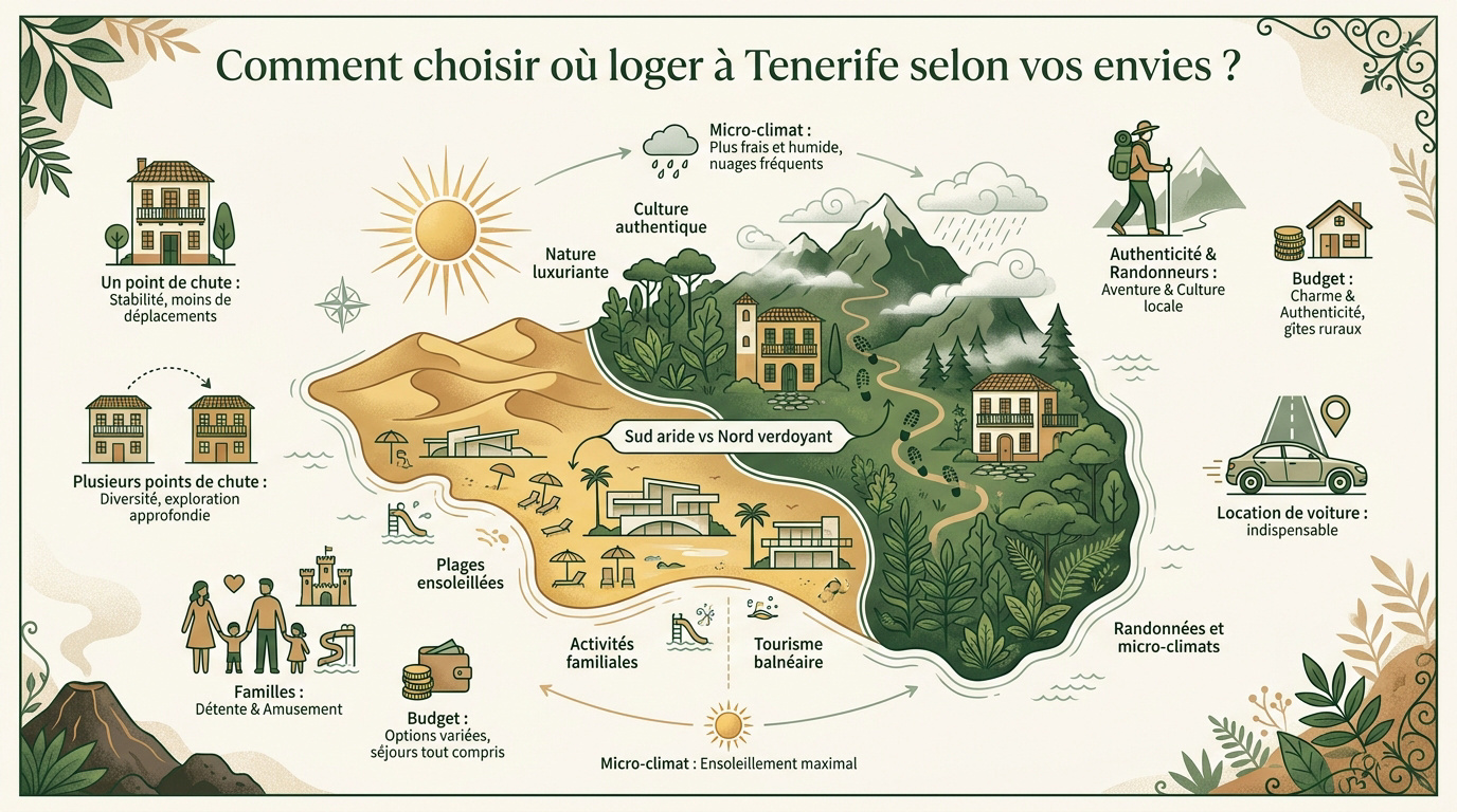 Comparaison visuelle entre les paysages arides du sud et la végétation luxuriante du nord de Tenerife