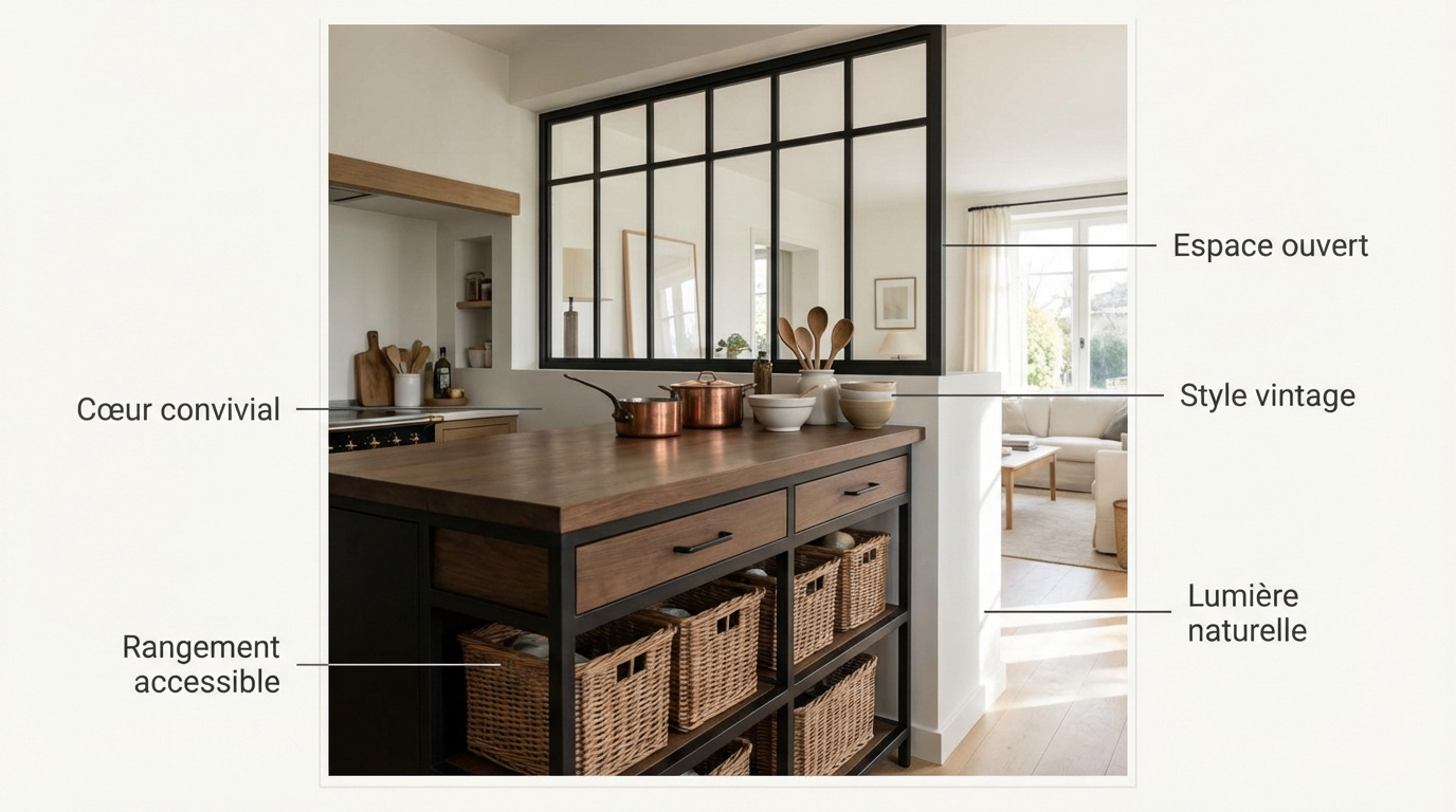 Vaste cuisine de style industriel lumineuse avec un grand îlot en bois brut délimité par une belle verrière d'atelier