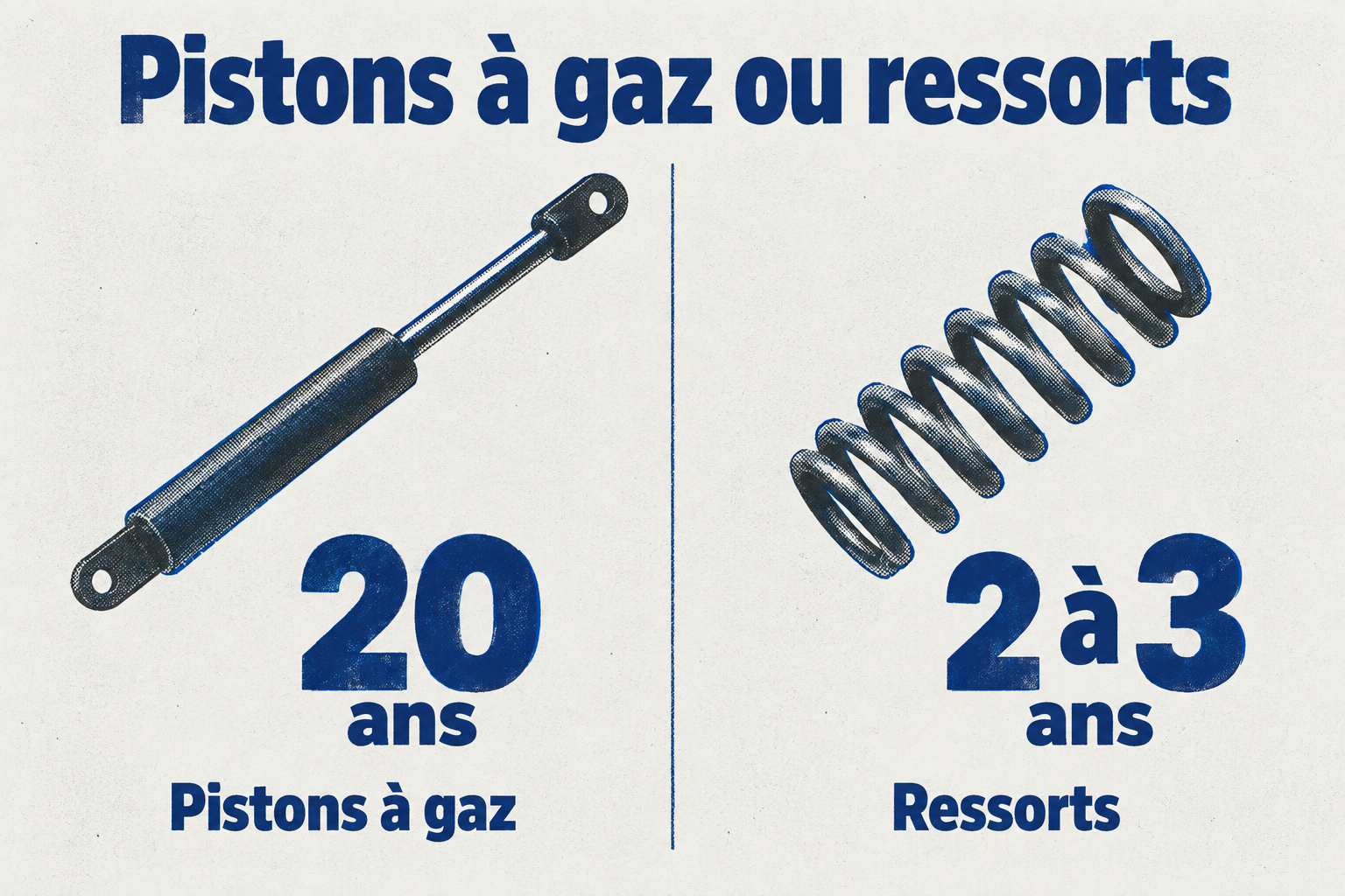 Les pistons à gaz durent environ 20 ans, les ressorts perdent leur tension en 2 à 3 ans.