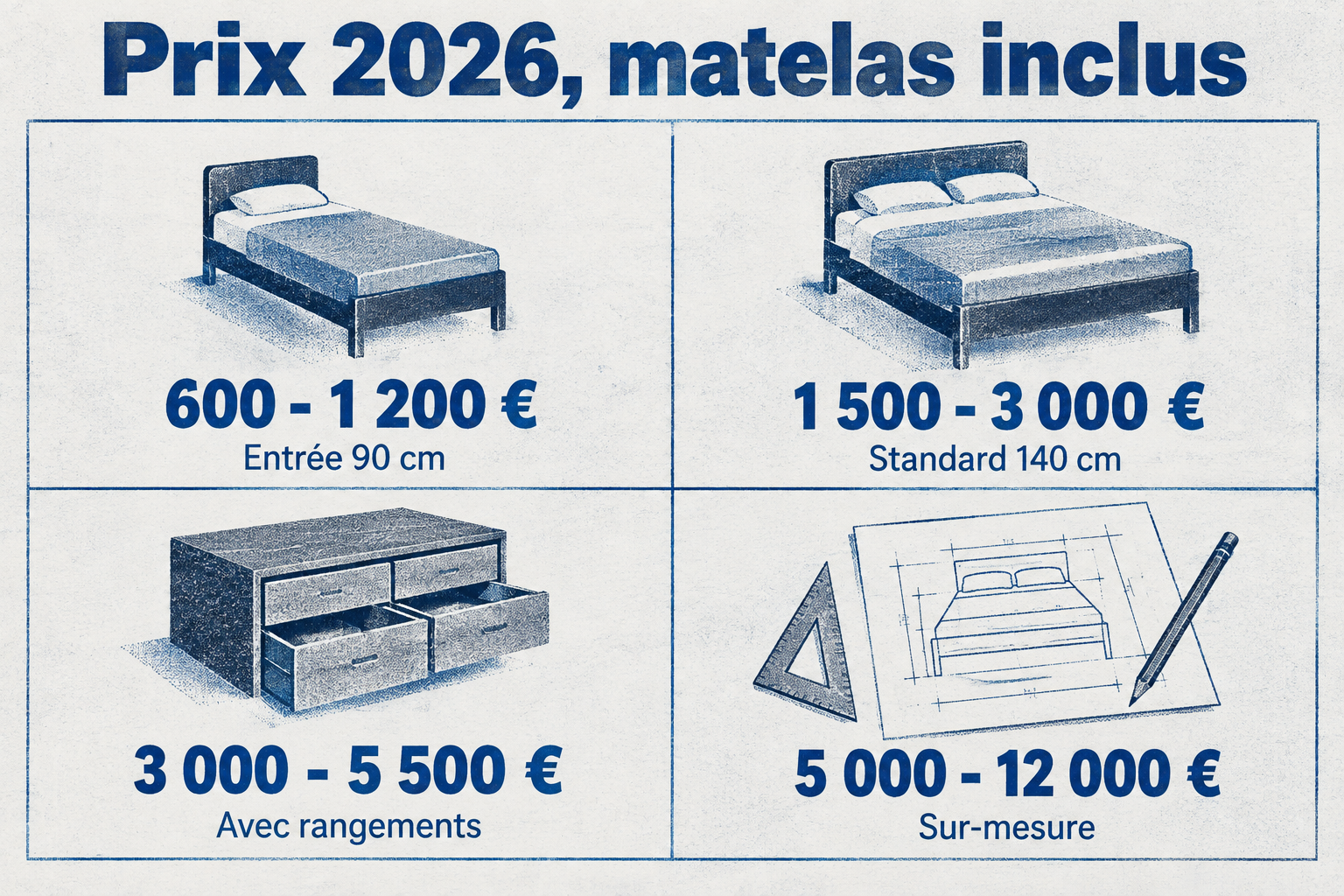 Les prix matelas inclus vont de 600-1 200 € en entrée de gamme à 5 000-12 000 € en sur-mesure.