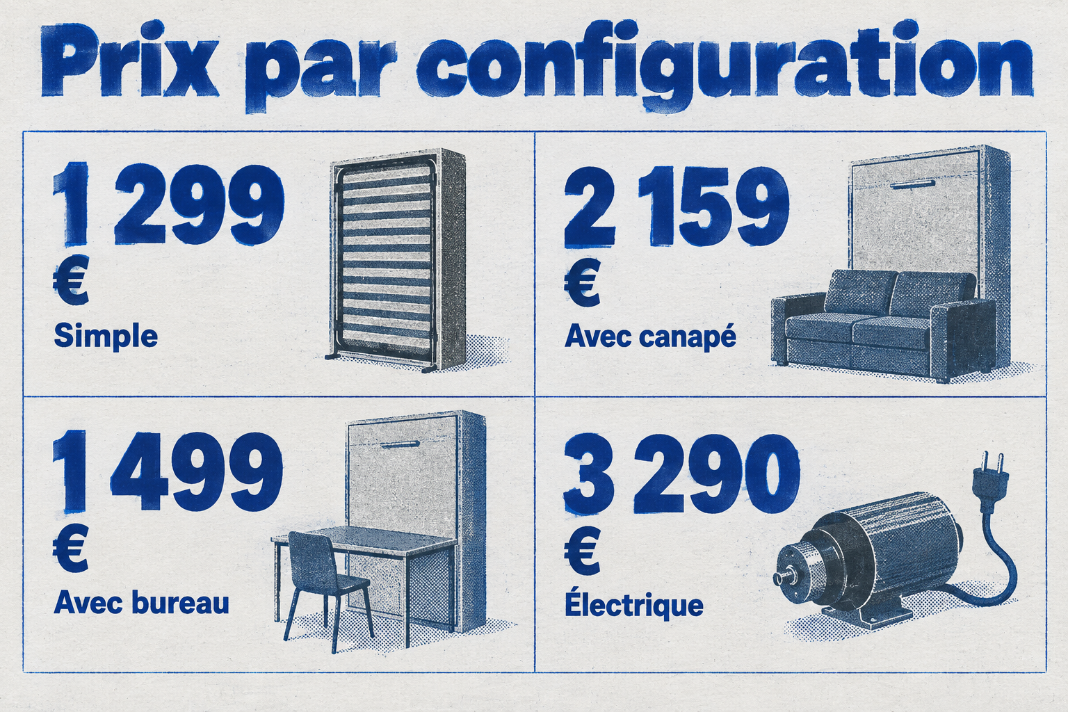 Les configurations vont de 1 299 € pour un modèle simple à 3 290 € pour une version électrique, en passant par 2 159 € avec canapé et 1 499 € avec bureau.