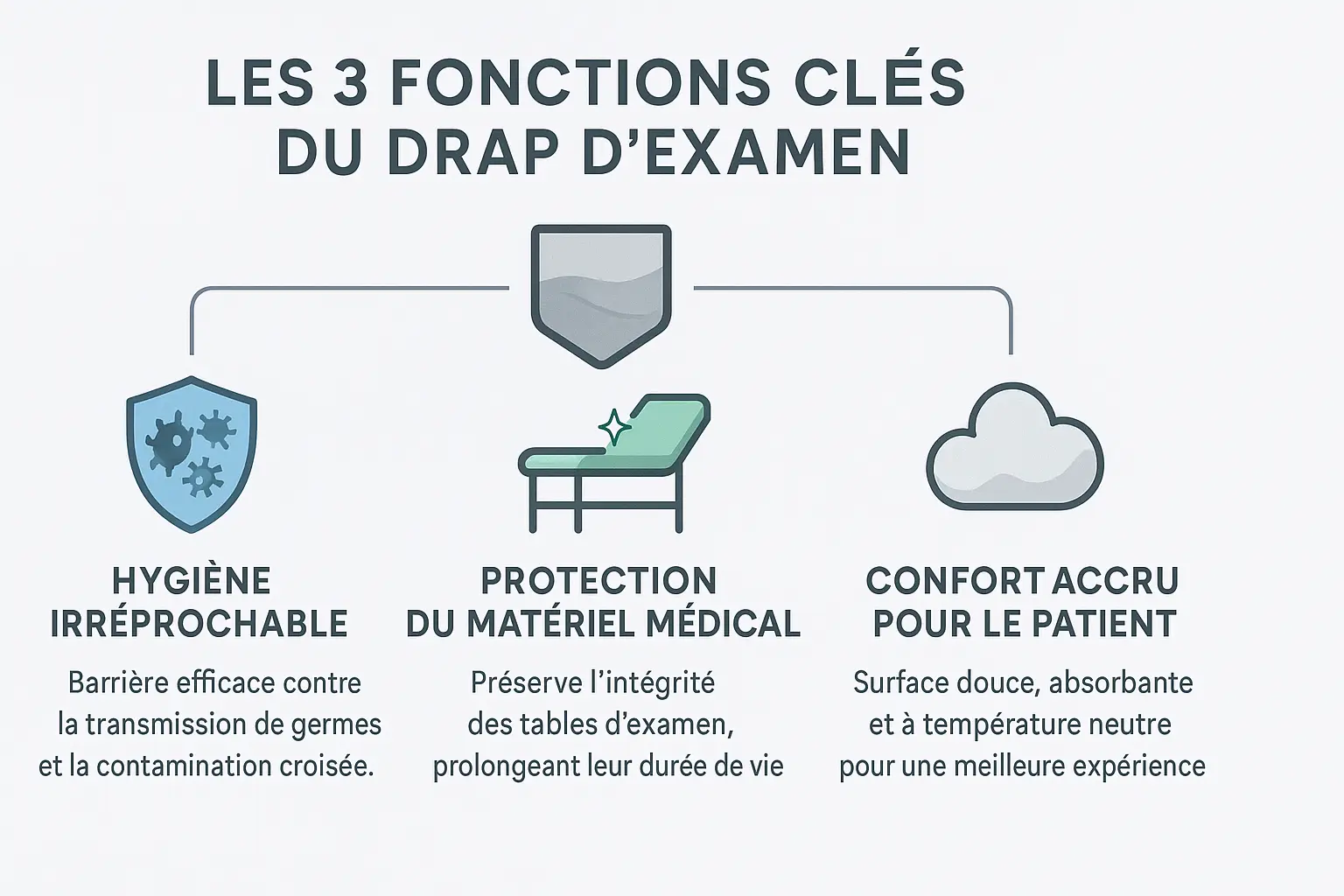 Repr&eacute;sentation visuelle des <strong>trois r&ocirc;les cl&eacute;s du drap d'examen m&eacute;dical</strong> : hygi&egrave;ne, protection du mat&eacute;riel et confort du patient