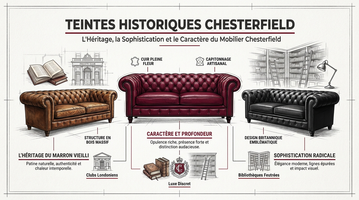 Canapé Chesterfield classique en cuir marron vieilli dans un salon élégant