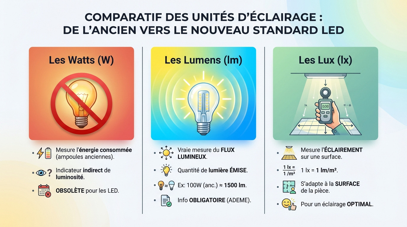 Tableau comparatif illustrant les différences entre watts, lumens et lux pour bien choisir son éclairage LED