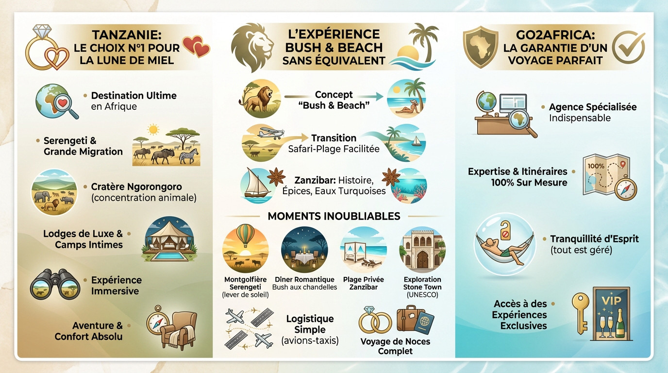 Couple profitant d'un <strong>safari lune de miel en Tanzanie</strong> avec vue sur la savane