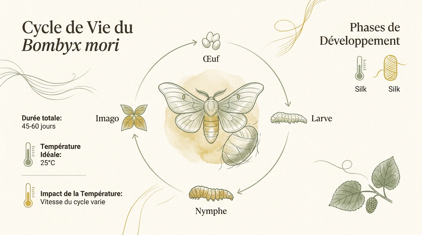 Cycle de vie biologique du Bombyx mori incluant les stades oeuf larve nymphe et imago